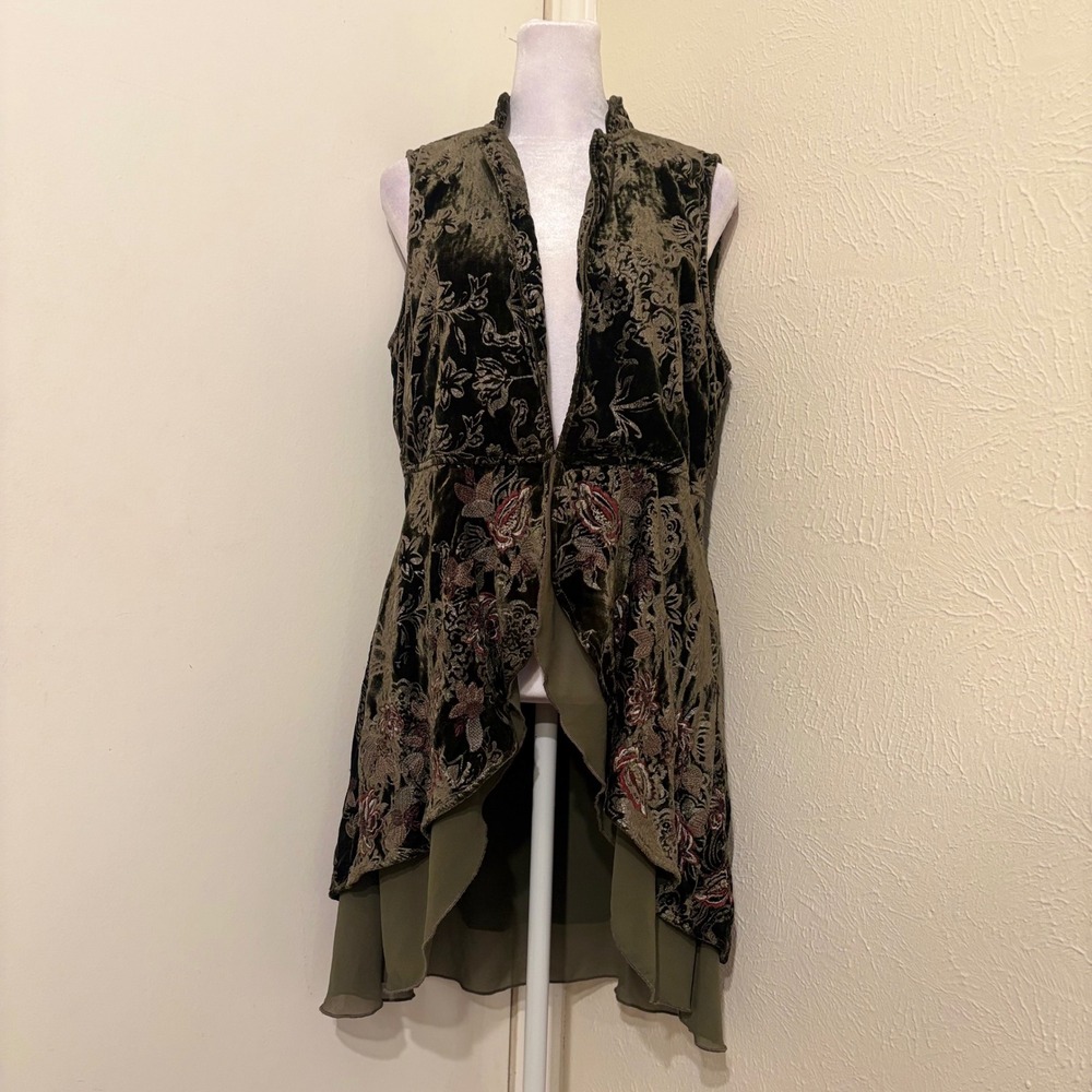 John Mark Olive Green Burnout Velvet Floral Vest Layered Chiffon Boho Whimsigoth